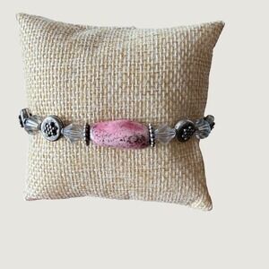 Pink Rhodochrosite Crystal Beaded Bracelet Silver Tone Floral Star Toggle Clasp